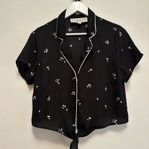 Black Button Down Shirt with Notched Collar and Tie Front